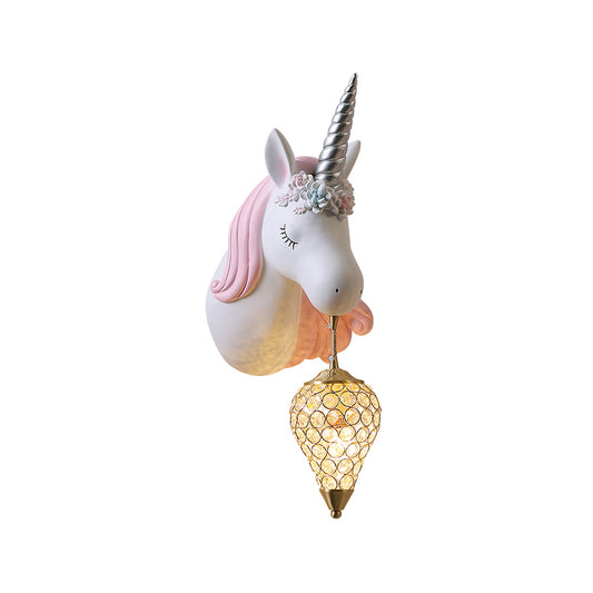 Blue/Pink Teardrop Wall Light Sconce Cartoon 1 Head Crystal Wall Mount Lamp with Unicorn Backplate, Right/Left Clearhalo 'Wall Lamps & Sconces' 'Wall Lights' Lighting' 717607