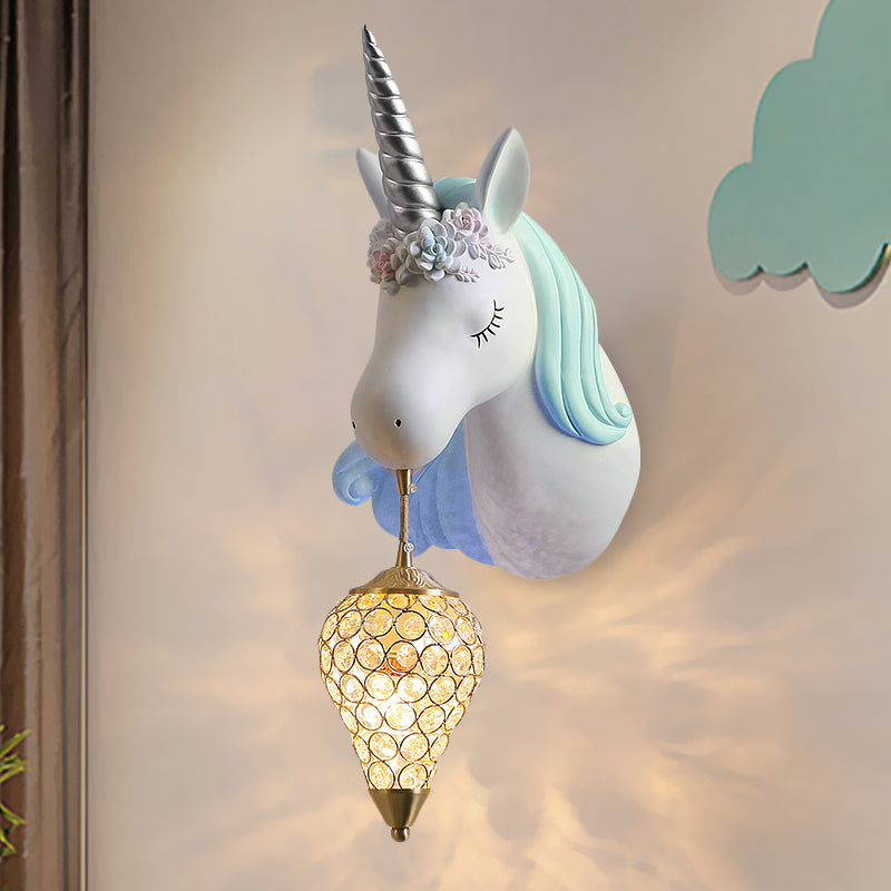 Blue/Pink Teardrop Wall Light Sconce Cartoon 1 Head Crystal Wall Mount Lamp with Unicorn Backplate, Right/Left Blue Left Clearhalo 'Wall Lamps & Sconces' 'Wall Lights' Lighting' 717608