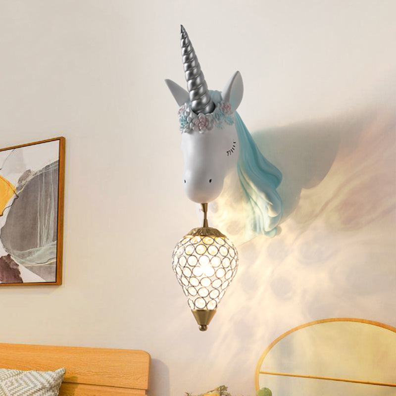 Blue/Pink Teardrop Wall Light Sconce Cartoon 1 Head Crystal Wall Mount Lamp with Unicorn Backplate, Right/Left Clearhalo 'Wall Lamps & Sconces' 'Wall Lights' Lighting' 717610