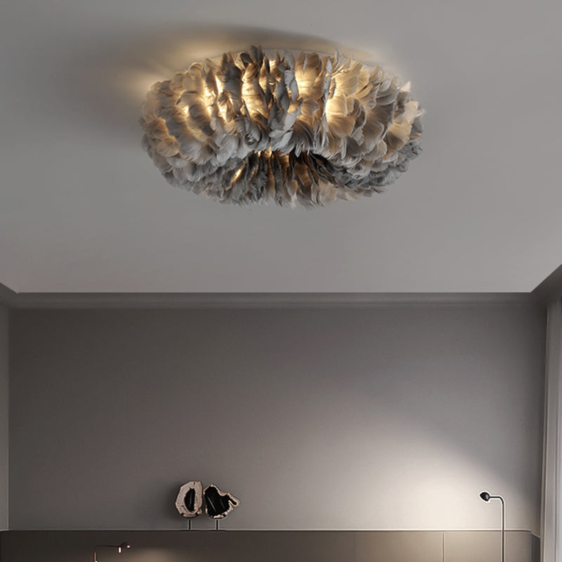 Feather Flushmount Lighting Modern Fabric 3/6 Heads Bedroom Flush Mount Ceiling Lamp Fixture in White/Grey/Pink Clearhalo 'Ceiling Lights' 'Close To Ceiling Lights' 'Close to ceiling' 'Flush mount' Lighting' 717620