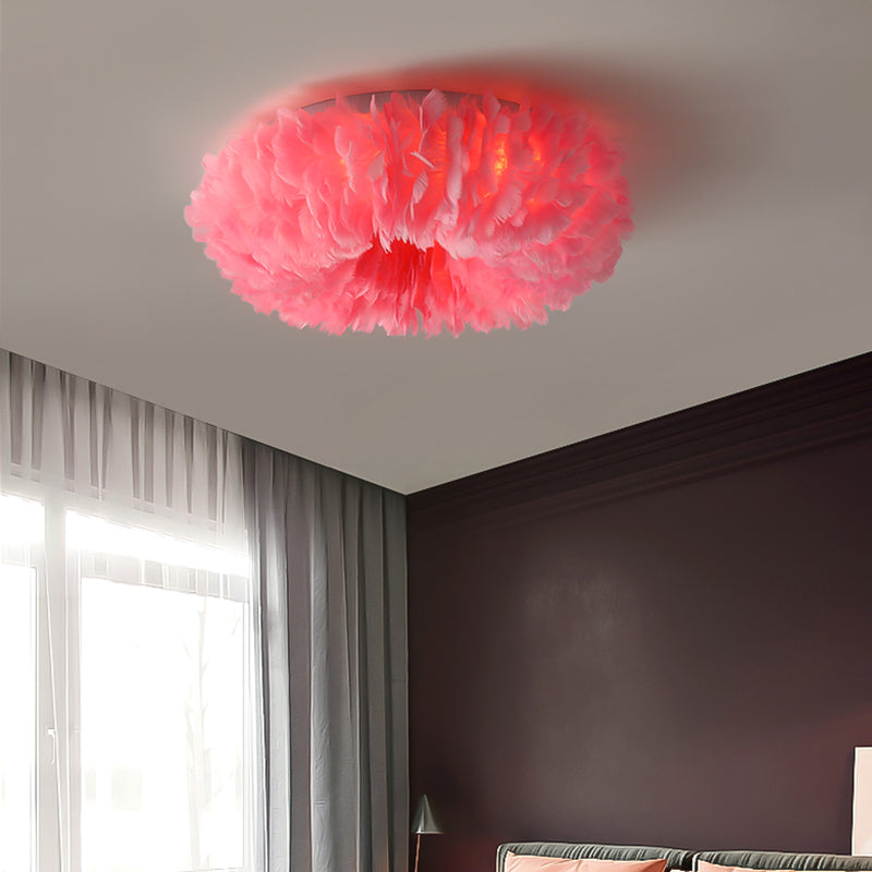 Feather Flushmount Lighting Modern Fabric 3/6 Heads Bedroom Flush Mount Ceiling Lamp Fixture in White/Grey/Pink Clearhalo 'Ceiling Lights' 'Close To Ceiling Lights' 'Close to ceiling' 'Flush mount' Lighting' 717623