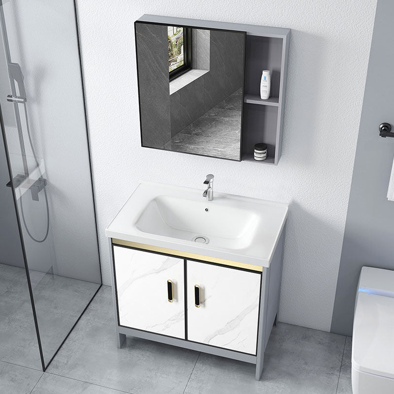 Ceramic Top Bathroom Vanity White Rectangle Single Sink Freestanding Mirror Vanity Set 31.9"L x 18.9"W x 31.9"H Clearhalo 'Bathroom Remodel & Bathroom Fixtures' 'Bathroom Vanities' 'bathroom_vanities' 'Home Improvement' 'home_improvement' 'home_improvement_bathroom_vanities' 7184596