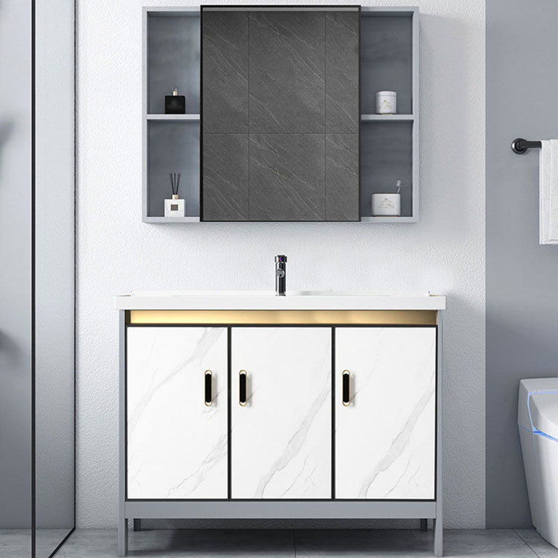 Ceramic Top Bathroom Vanity White Rectangle Single Sink Freestanding Mirror Vanity Set Vanity & Faucet & Mirror Cabinet Clearhalo 'Bathroom Remodel & Bathroom Fixtures' 'Bathroom Vanities' 'bathroom_vanities' 'Home Improvement' 'home_improvement' 'home_improvement_bathroom_vanities' 7184597