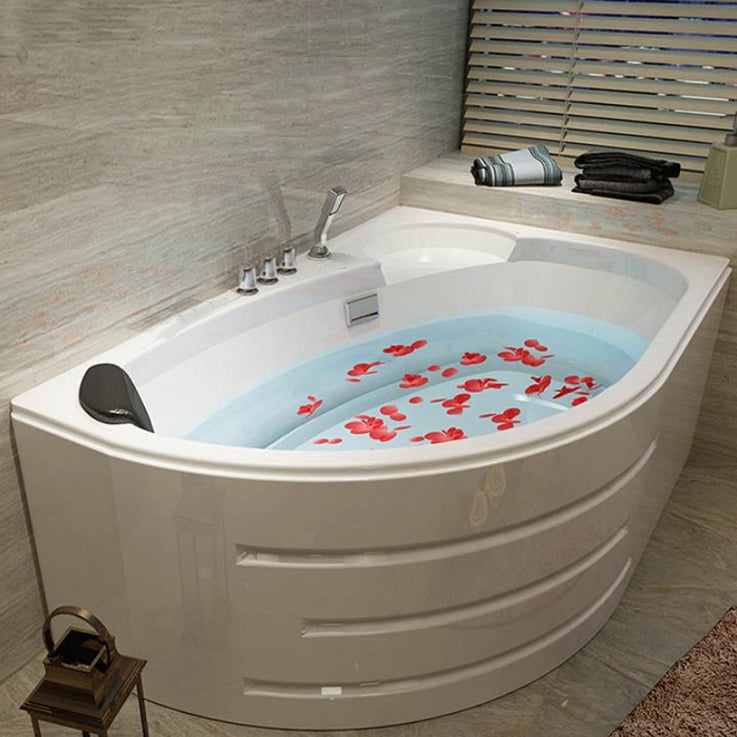 Back to Wall Bath Corner Acrylic Soaking White Modern Bathtub 59"L x 37"W x 22"H Left Tub with Silver 5-Piece Set Clearhalo 'Bathroom Remodel & Bathroom Fixtures' 'Bathtubs' 'Home Improvement' 'home_improvement' 'home_improvement_bathtubs' 'Showers & Bathtubs' 7185410