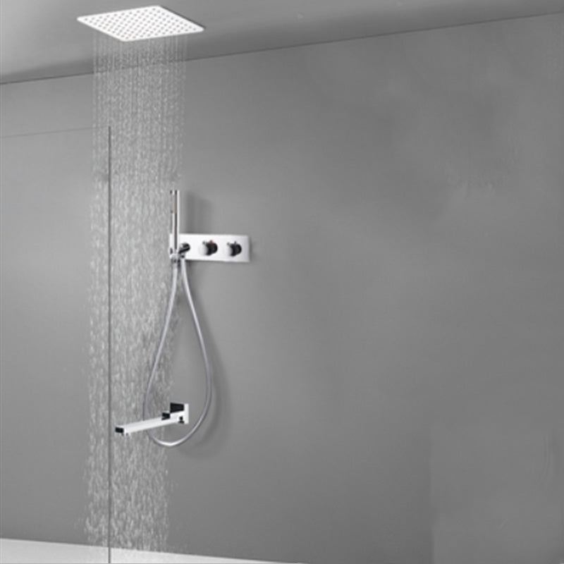 Modern Solid Color Shower Combo Ceiling Mounted Shower System Silver 12"L x 12"W Downward Faucet Clearhalo 'Bathroom Remodel & Bathroom Fixtures' 'Home Improvement' 'home_improvement' 'home_improvement_shower_faucets' 'Shower Faucets & Systems' 'shower_faucets' 'Showers & Bathtubs Plumbing' 'Showers & Bathtubs' 7195270