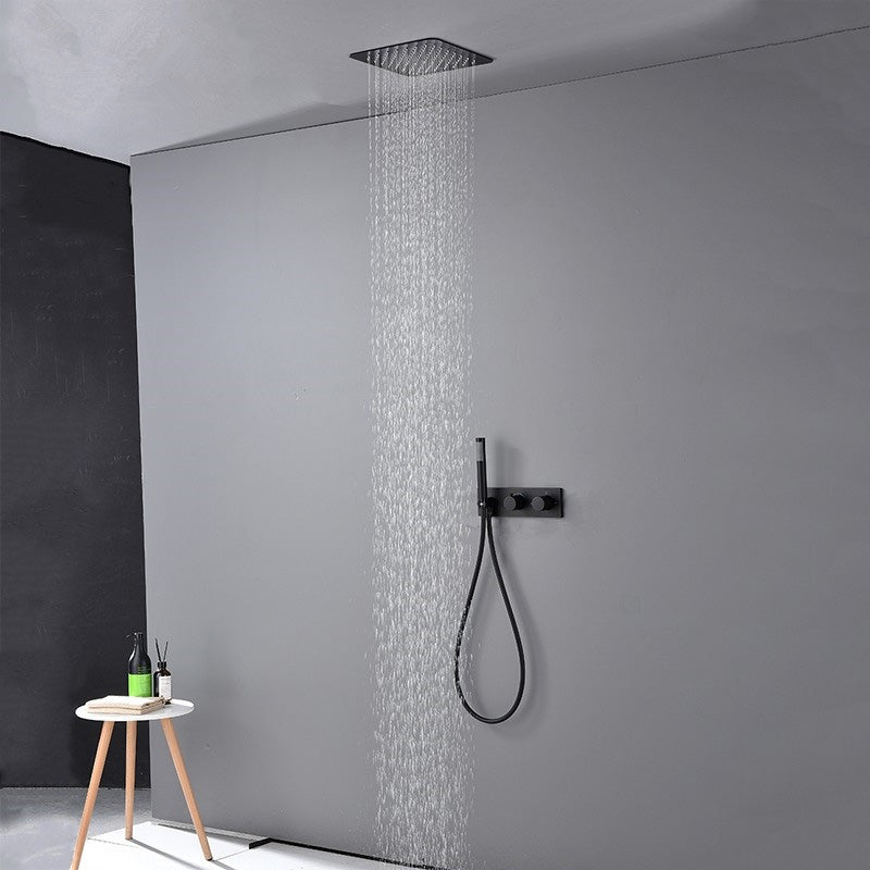 Modern Solid Color Shower Combo Ceiling Mounted Shower System Black 12"L x 12"W Tap Not Included Clearhalo 'Bathroom Remodel & Bathroom Fixtures' 'Home Improvement' 'home_improvement' 'home_improvement_shower_faucets' 'Shower Faucets & Systems' 'shower_faucets' 'Showers & Bathtubs Plumbing' 'Showers & Bathtubs' 7195271