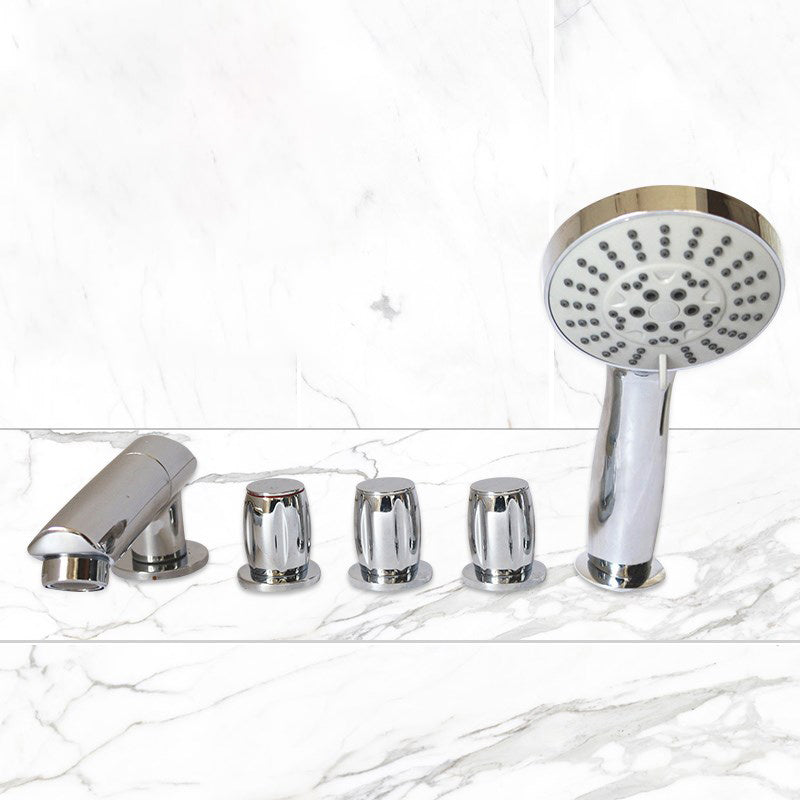 Deck Mounted Copper Roman Tub Faucet Low Arc Roman Tub Faucet Set in Chrome Knob Handles Clearhalo 'Bathroom Remodel & Bathroom Fixtures' 'Bathtub Faucets' 'bathtub_faucets' 'Home Improvement' 'home_improvement' 'home_improvement_bathtub_faucets' 7196584