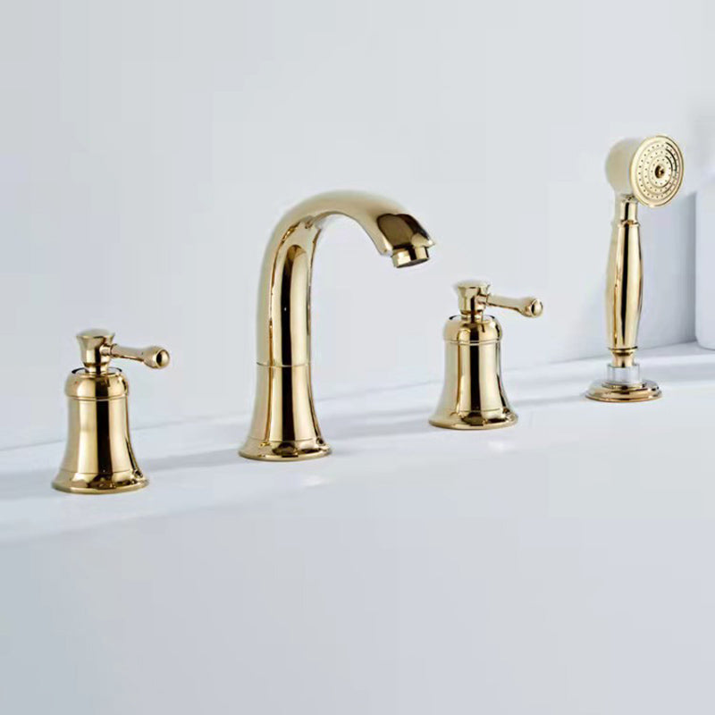 Modern Deck Mounted Lever Handle Bathroom Faucet with Handheld Shower Head Gold 4 Hole Faucets Clearhalo 'Bathroom Remodel & Bathroom Fixtures' 'Bathtub Faucets' 'bathtub_faucets' 'Home Improvement' 'home_improvement' 'home_improvement_bathtub_faucets' 7196630