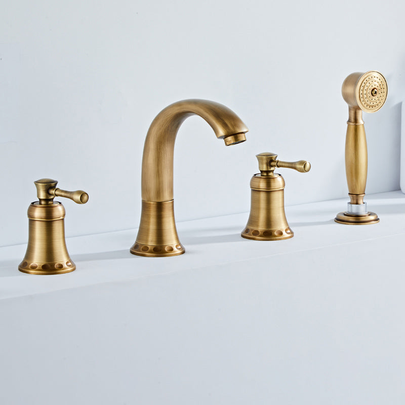 Modern Deck Mounted Lever Handle Bathroom Faucet with Handheld Shower Head Bronze 4 Hole Faucets Clearhalo 'Bathroom Remodel & Bathroom Fixtures' 'Bathtub Faucets' 'bathtub_faucets' 'Home Improvement' 'home_improvement' 'home_improvement_bathtub_faucets' 7196632