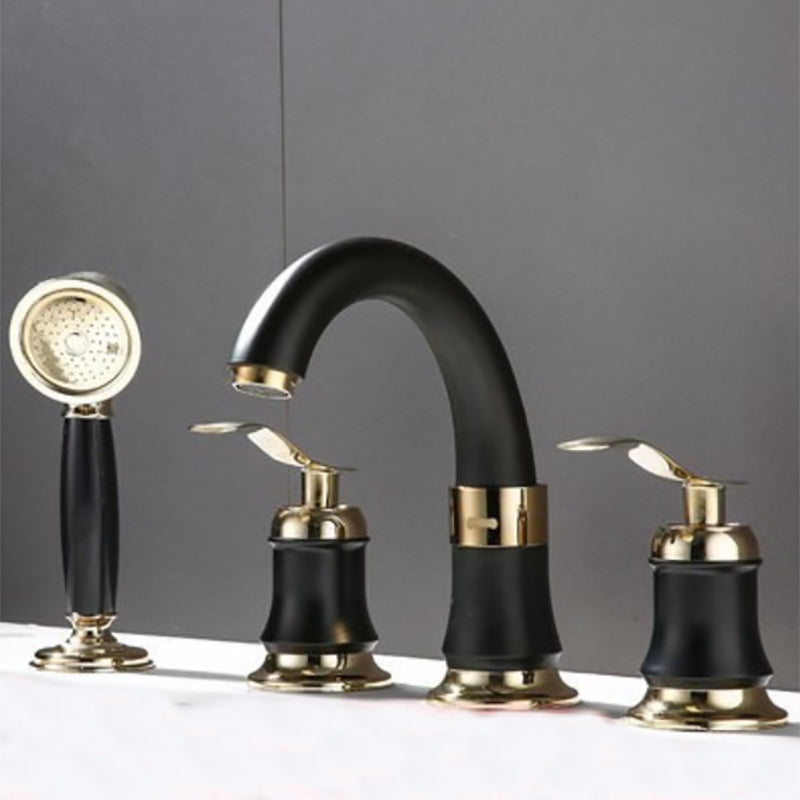 Modern Deck Mounted Lever Handle Bathroom Faucet with Handheld Shower Head Gold-Black 4 Hole Faucets Clearhalo 'Bathroom Remodel & Bathroom Fixtures' 'Bathtub Faucets' 'bathtub_faucets' 'Home Improvement' 'home_improvement' 'home_improvement_bathtub_faucets' 7196636