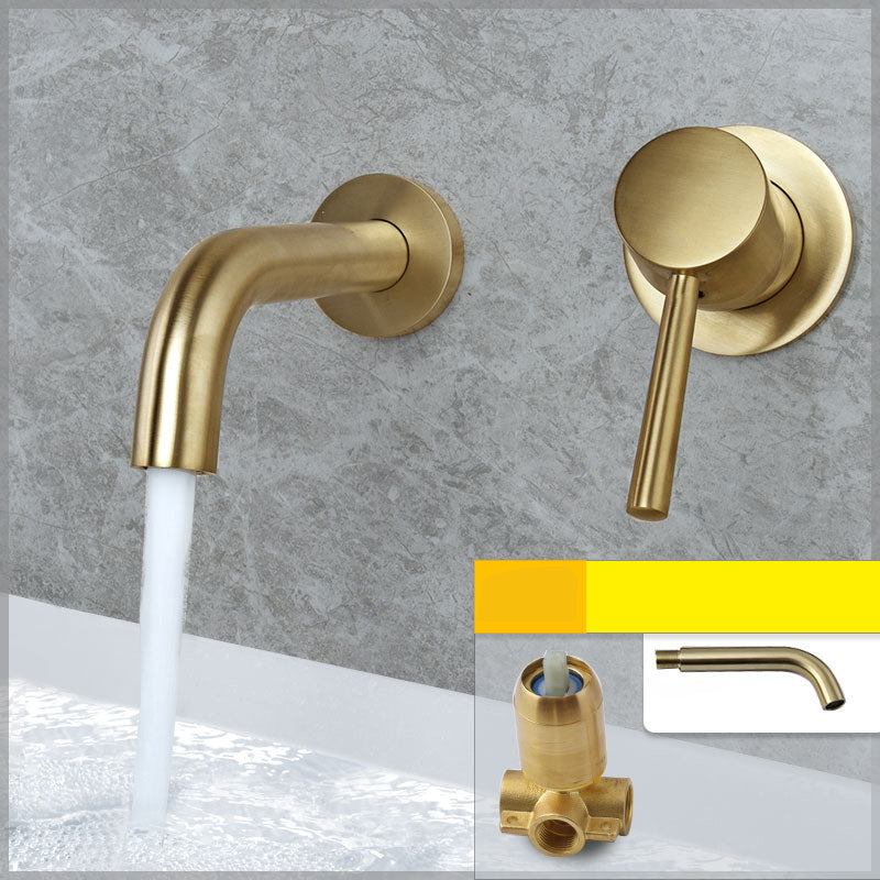 Wall Mounted Metal Tub Filler Low Arc Tubular Bathroom Faucet Gold Split-Body Valve Swivel Clearhalo 'Bathroom Remodel & Bathroom Fixtures' 'Bathtub Faucets' 'bathtub_faucets' 'Home Improvement' 'home_improvement' 'home_improvement_bathtub_faucets' 7196717