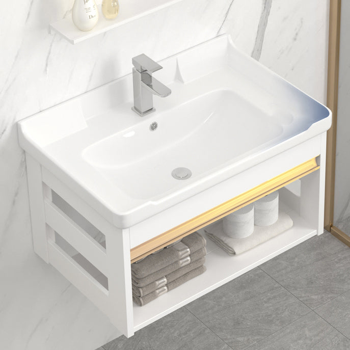 Wall Mounted Vanity Set White Storage Shelf Faucet Sink Vanity with Mirror Clearhalo 'Bathroom Remodel & Bathroom Fixtures' 'Bathroom Vanities' 'bathroom_vanities' 'Home Improvement' 'home_improvement' 'home_improvement_bathroom_vanities' 7198851