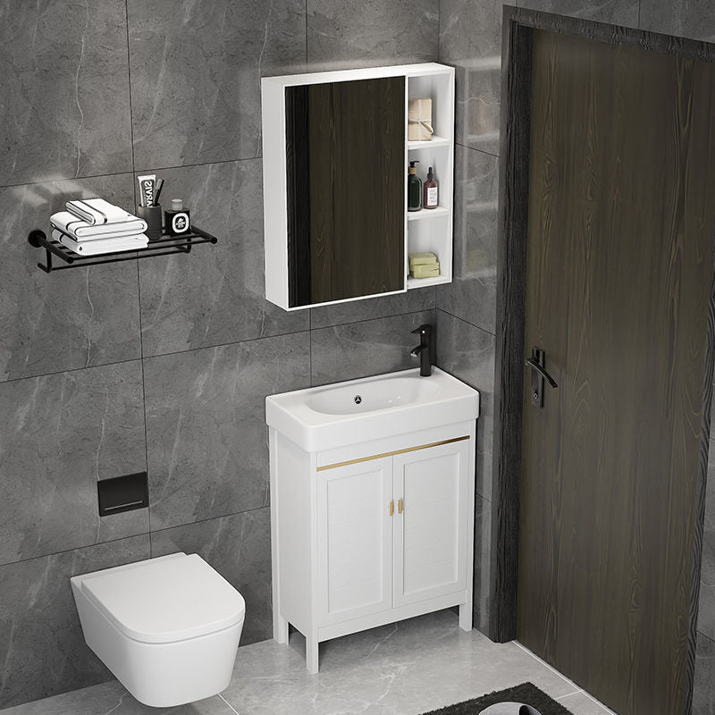 Single Sink Bath Vanity Set White Oval Metal 2 Doors Bathroom Vanity with Mirror Clearhalo 'Bathroom Remodel & Bathroom Fixtures' 'Bathroom Vanities' 'bathroom_vanities' 'Home Improvement' 'home_improvement' 'home_improvement_bathroom_vanities' 7198898