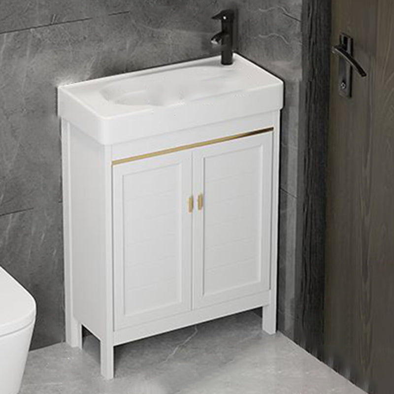 Single Sink Bath Vanity Set White Oval Metal 2 Doors Bathroom Vanity with Mirror Vanity & Faucet 23"L x 11"W x 31"H Clearhalo 'Bathroom Remodel & Bathroom Fixtures' 'Bathroom Vanities' 'bathroom_vanities' 'Home Improvement' 'home_improvement' 'home_improvement_bathroom_vanities' 7198904