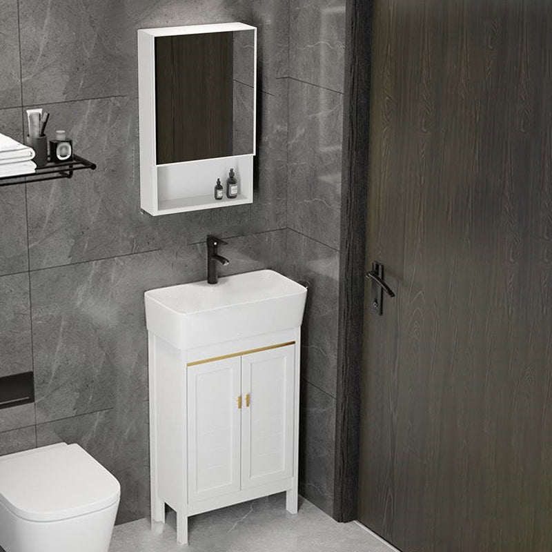 Single Sink Bath Vanity Set White Oval Metal 2 Doors Bathroom Vanity with Mirror Vanity & Faucet & Mirror Cabinet 20"L x 10"W x 34"H Clearhalo 'Bathroom Remodel & Bathroom Fixtures' 'Bathroom Vanities' 'bathroom_vanities' 'Home Improvement' 'home_improvement' 'home_improvement_bathroom_vanities' 7198924