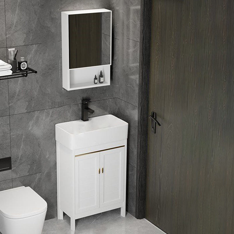 Single Sink Bath Vanity Set White Oval Metal 2 Doors Bathroom Vanity with Mirror Vanity & Faucet & Mirror Cabinet 22"L x 12"W x 34"H Clearhalo 'Bathroom Remodel & Bathroom Fixtures' 'Bathroom Vanities' 'bathroom_vanities' 'Home Improvement' 'home_improvement' 'home_improvement_bathroom_vanities' 7198927
