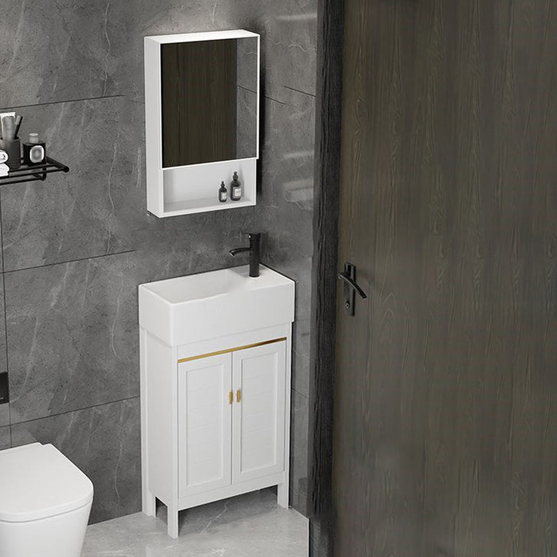 Single Sink Bath Vanity Set White Oval Metal 2 Doors Bathroom Vanity with Mirror Vanity & Faucet & Mirror Cabinet 19"L x 10"W x 34"H Clearhalo 'Bathroom Remodel & Bathroom Fixtures' 'Bathroom Vanities' 'bathroom_vanities' 'Home Improvement' 'home_improvement' 'home_improvement_bathroom_vanities' 7198928