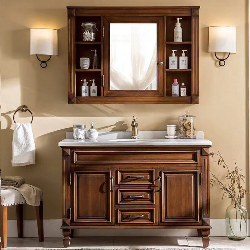 2 Doors Vanity Wood Frame Mirror Freestanding Oval Single Sink Drawers Bath Vanity Clearhalo 'Bathroom Remodel & Bathroom Fixtures' 'Bathroom Vanities' 'bathroom_vanities' 'Home Improvement' 'home_improvement' 'home_improvement_bathroom_vanities' 7199165