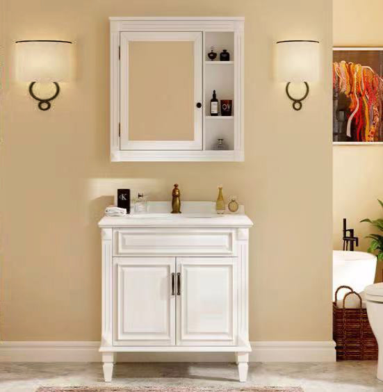 2 Doors Vanity Wood Frame Mirror Freestanding Oval Single Sink Drawers Bath Vanity Vanity & Faucet & Mirror Cabinet White Clearhalo 'Bathroom Remodel & Bathroom Fixtures' 'Bathroom Vanities' 'bathroom_vanities' 'Home Improvement' 'home_improvement' 'home_improvement_bathroom_vanities' 7199169