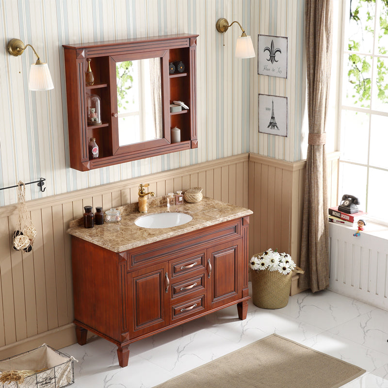 2 Doors Vanity Wood Frame Mirror Freestanding Oval Single Sink Drawers Bath Vanity Clearhalo 'Bathroom Remodel & Bathroom Fixtures' 'Bathroom Vanities' 'bathroom_vanities' 'Home Improvement' 'home_improvement' 'home_improvement_bathroom_vanities' 7199170