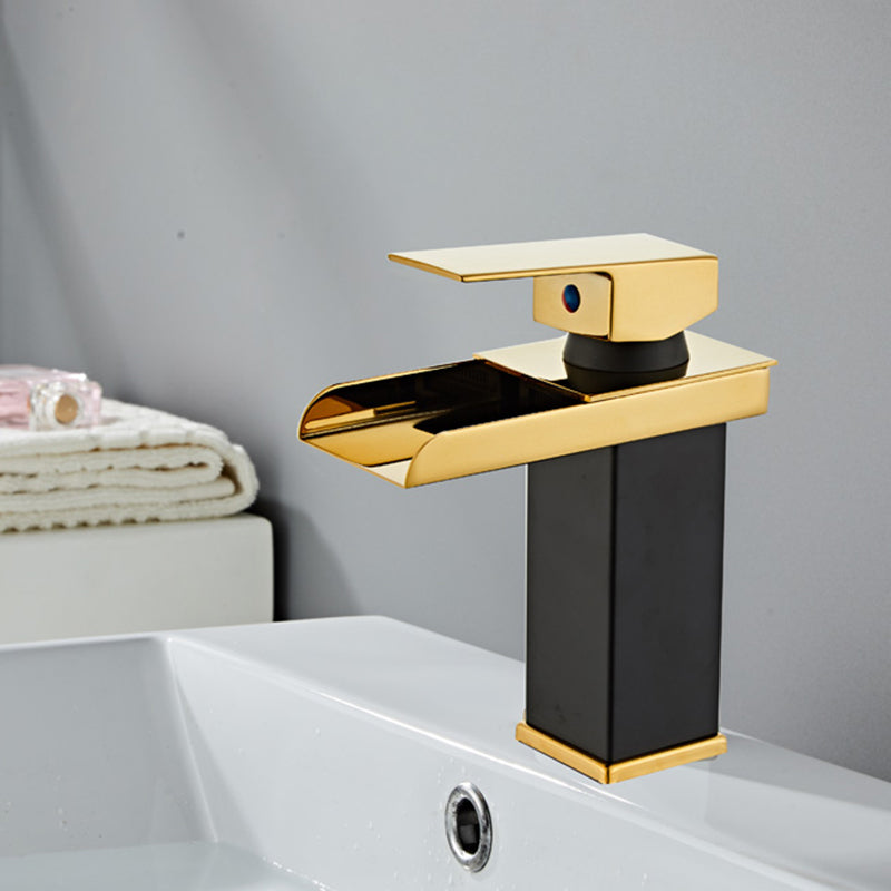 Waterfall Spout Vessel Sink Faucet Single Handle Square Faucet Black-Gold 7" Moderne Clearhalo 'Accueil' 'Amélioration Domiciliaire' 'bathroom_sink_faucets' 'Ensembles de Lavabo & de Robinet de Toilette' 'home_improvement' 'home_improvement_bathroom_sink_faucets' 'Robinet de Lavabo de Salle de Bain' 'Rénovation et Équipement de Salle de Bain' 7205876