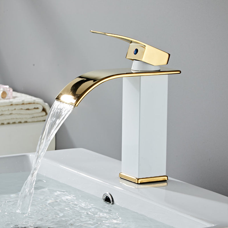 Waterfall Spout Vessel Sink Faucet Single Handle Square Faucet Blanc-Or 7.9" Moderne Clearhalo 'Accueil' 'Amélioration Domiciliaire' 'bathroom_sink_faucets' 'Ensembles de Lavabo & de Robinet de Toilette' 'home_improvement' 'home_improvement_bathroom_sink_faucets' 'Robinet de Lavabo de Salle de Bain' 'Rénovation et Équipement de Salle de Bain' 7205879