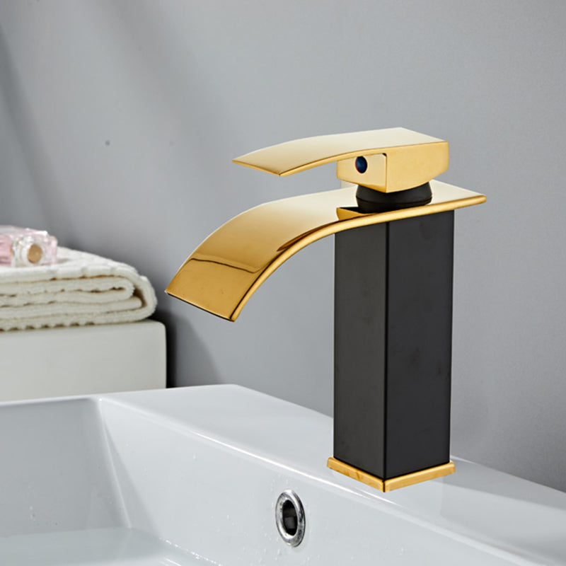 Waterfall Spout Vessel Sink Faucet Single Handle Square Faucet Black-Gold 7.9" Moderne Clearhalo 'Accueil' 'Amélioration Domiciliaire' 'bathroom_sink_faucets' 'Ensembles de Lavabo & de Robinet de Toilette' 'home_improvement' 'home_improvement_bathroom_sink_faucets' 'Robinet de Lavabo de Salle de Bain' 'Rénovation et Équipement de Salle de Bain' 7205880