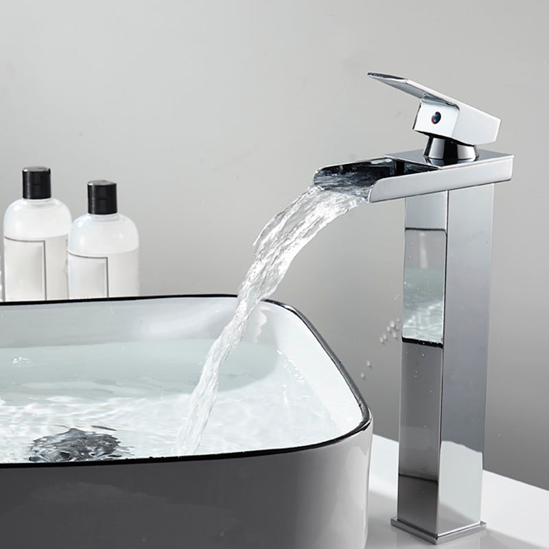 Waterfall Spout Vessel Sink Faucet Single Handle Square Faucet Chrome 11.4" Moderne Clearhalo 'Accueil' 'Amélioration Domiciliaire' 'bathroom_sink_faucets' 'Ensembles de Lavabo & de Robinet de Toilette' 'home_improvement' 'home_improvement_bathroom_sink_faucets' 'Robinet de Lavabo de Salle de Bain' 'Rénovation et Équipement de Salle de Bain' 7205885