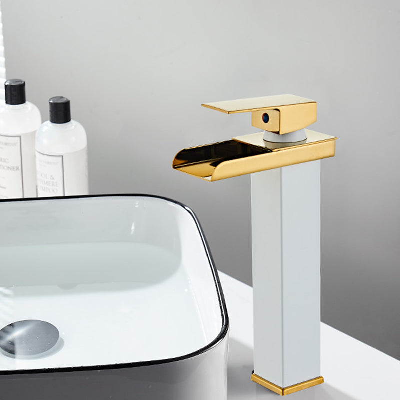 Waterfall Spout Vessel Sink Faucet Single Handle Square Faucet Blanc-Or 11.4" Moderne Clearhalo 'Accueil' 'Amélioration Domiciliaire' 'bathroom_sink_faucets' 'Ensembles de Lavabo & de Robinet de Toilette' 'home_improvement' 'home_improvement_bathroom_sink_faucets' 'Robinet de Lavabo de Salle de Bain' 'Rénovation et Équipement de Salle de Bain' 7205886