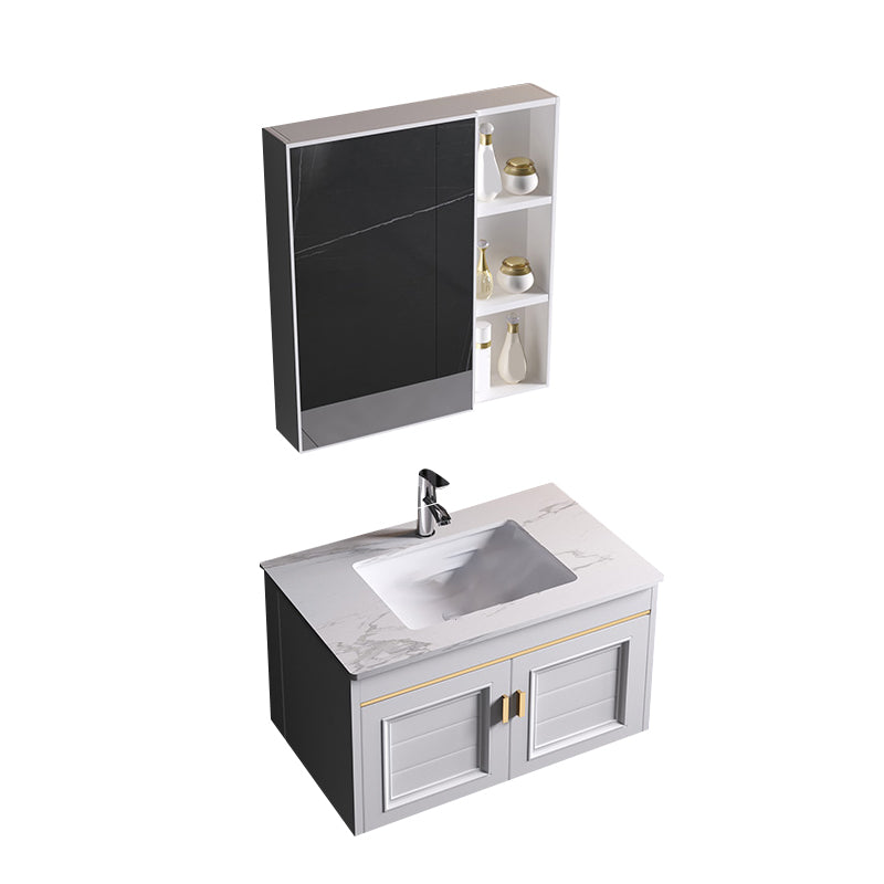 Wall Mounted Sink Vanity Contemporary Metal Bathroom Sink Vanity Vanity & Faucet & Mirror Cabinet 31"L x 19"W x 16"H Slate Clearhalo 'Bathroom Remodel & Bathroom Fixtures' 'Bathroom Vanities' 'bathroom_vanities' 'Home Improvement' 'home_improvement' 'home_improvement_bathroom_vanities' 7206750