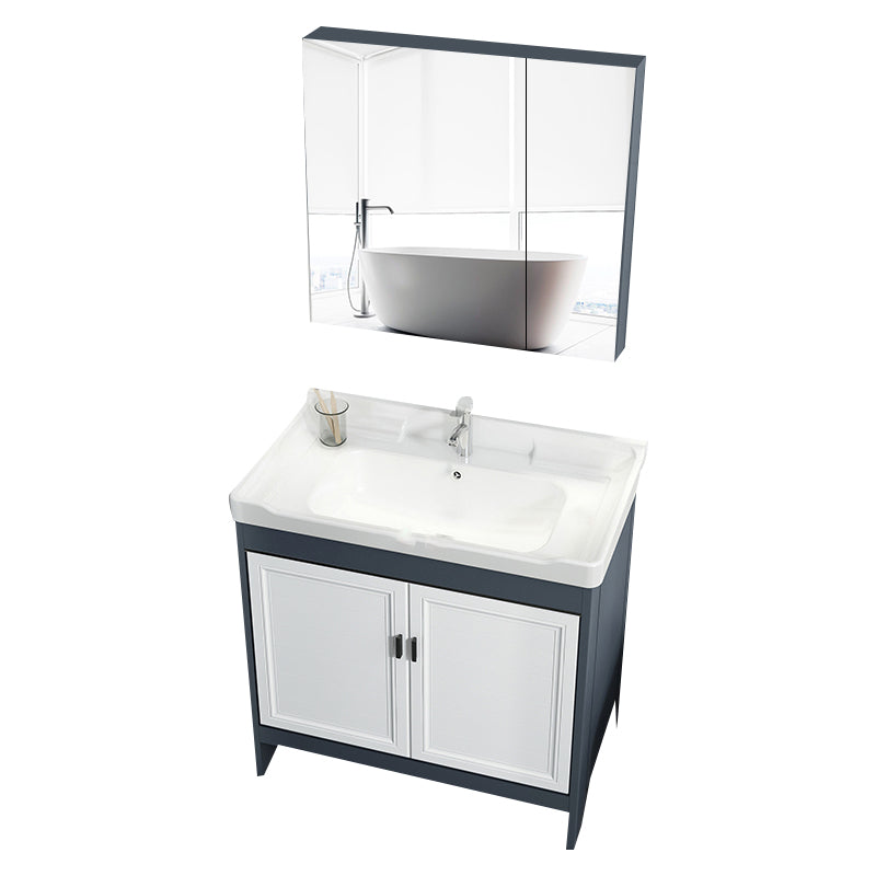 Mirror Bathroom Vanity Freestanding Rectangular Single Sink Metal Frame Vanity with Doors Vanity & Faucet & Enclosed Mirror Cabinet Clearhalo 'Bathroom Remodel & Bathroom Fixtures' 'Bathroom Vanities' 'bathroom_vanities' 'Home Improvement' 'home_improvement' 'home_improvement_bathroom_vanities' 7207197