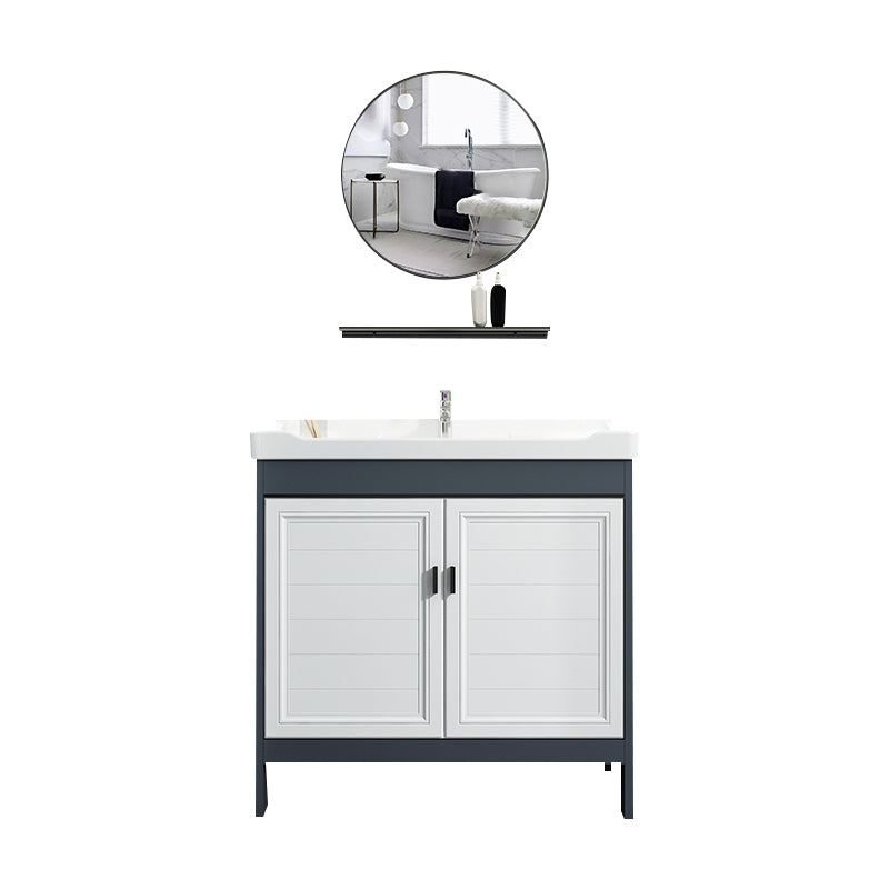 Mirror Bathroom Vanity Freestanding Rectangular Single Sink Metal Frame Vanity with Doors Vanity & Faucet & Round Mirror Clearhalo 'Bathroom Remodel & Bathroom Fixtures' 'Bathroom Vanities' 'bathroom_vanities' 'Home Improvement' 'home_improvement' 'home_improvement_bathroom_vanities' 7207203