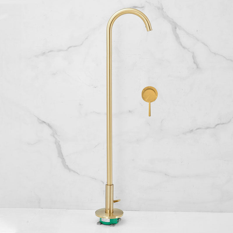 Contemporary Brass Freestanding Bathtub Faucet High Arc Bathtub Faucet Gold Manual Switch Clearhalo 'Bathroom Remodel & Bathroom Fixtures' 'Bathtub Faucets' 'bathtub_faucets' 'Home Improvement' 'home_improvement' 'home_improvement_bathtub_faucets' 7209486