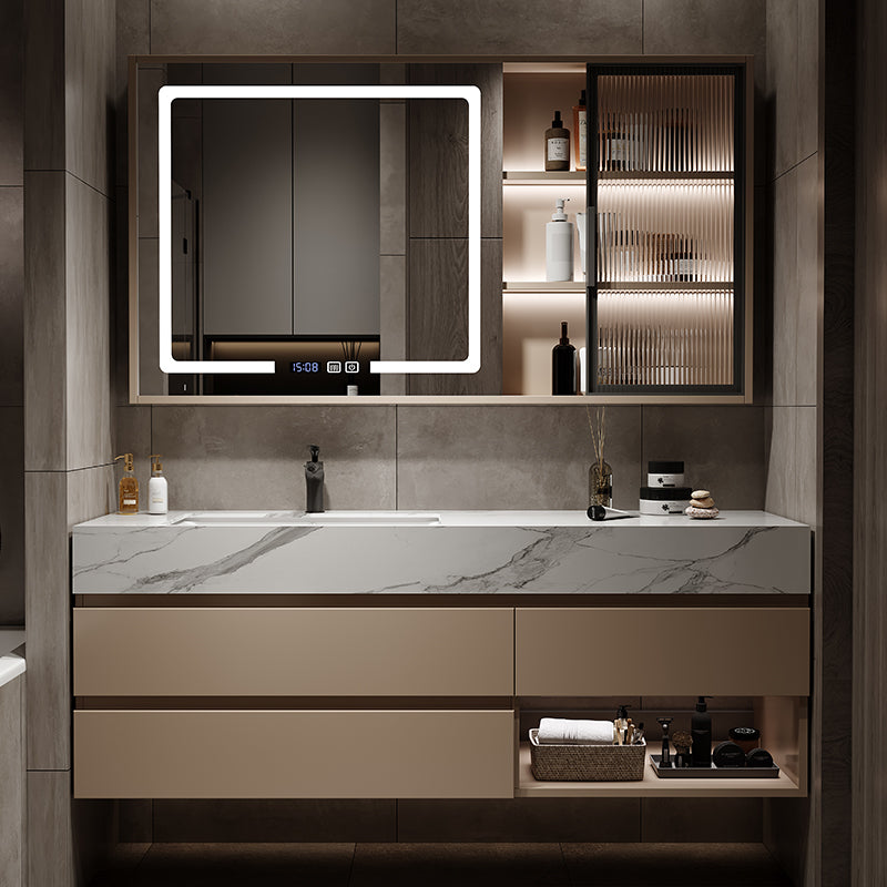 Glam Bath Vanity Quartz Top Standalone Cabinet and 3 Drawers Wall-Mounted Vanity Set Clearhalo 'Bathroom Remodel & Bathroom Fixtures' 'Bathroom Vanities' 'bathroom_vanities' 'Home Improvement' 'home_improvement' 'home_improvement_bathroom_vanities' 7215084