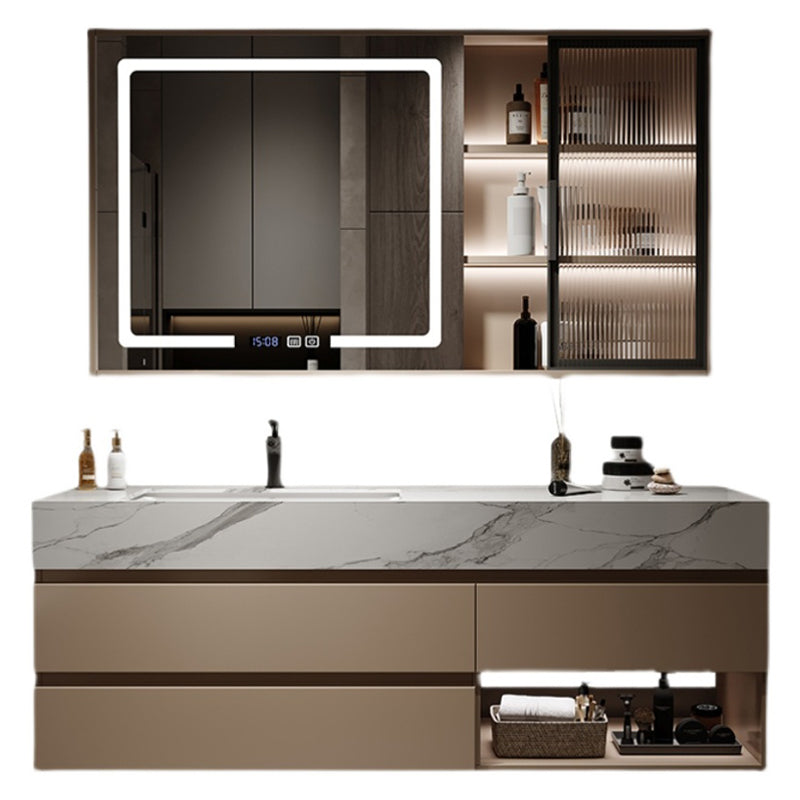 Glam Bath Vanity Quartz Top Standalone Cabinet and 3 Drawers Wall-Mounted Vanity Set Vanity & Faucet & Mirror Cabinet Clearhalo 'Bathroom Remodel & Bathroom Fixtures' 'Bathroom Vanities' 'bathroom_vanities' 'Home Improvement' 'home_improvement' 'home_improvement_bathroom_vanities' 7215085