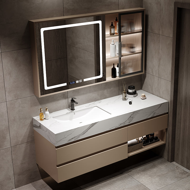 Glam Bath Vanity Quartz Top Standalone Cabinet and 3 Drawers Wall-Mounted Vanity Set Clearhalo 'Bathroom Remodel & Bathroom Fixtures' 'Bathroom Vanities' 'bathroom_vanities' 'Home Improvement' 'home_improvement' 'home_improvement_bathroom_vanities' 7215086