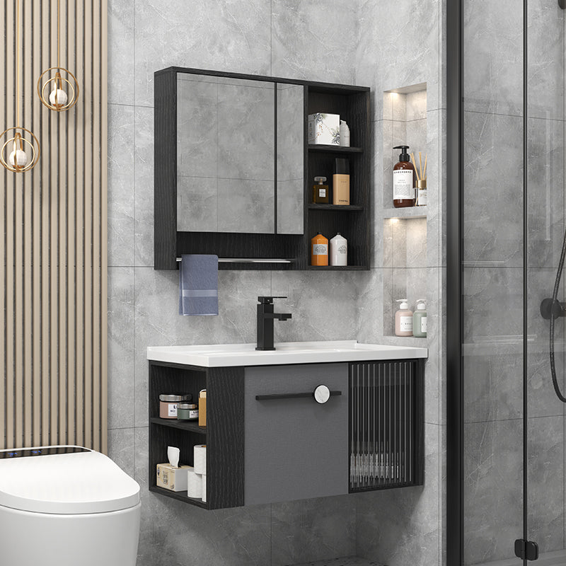 Modern Wall Mount Bathroom Vanity Black Glass Single-Sink Rectangular Vanity Sink Clearhalo 'Bathroom Remodel & Bathroom Fixtures' 'Bathroom Vanities' 'bathroom_vanities' 'Home Improvement' 'home_improvement' 'home_improvement_bathroom_vanities' 7224925