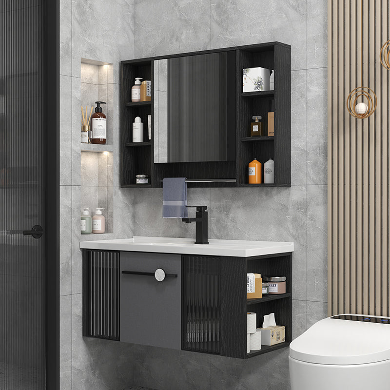 Modern Wall Mount Bathroom Vanity Black Glass Single-Sink Rectangular Vanity Sink Clearhalo 'Bathroom Remodel & Bathroom Fixtures' 'Bathroom Vanities' 'bathroom_vanities' 'Home Improvement' 'home_improvement' 'home_improvement_bathroom_vanities' 7224927
