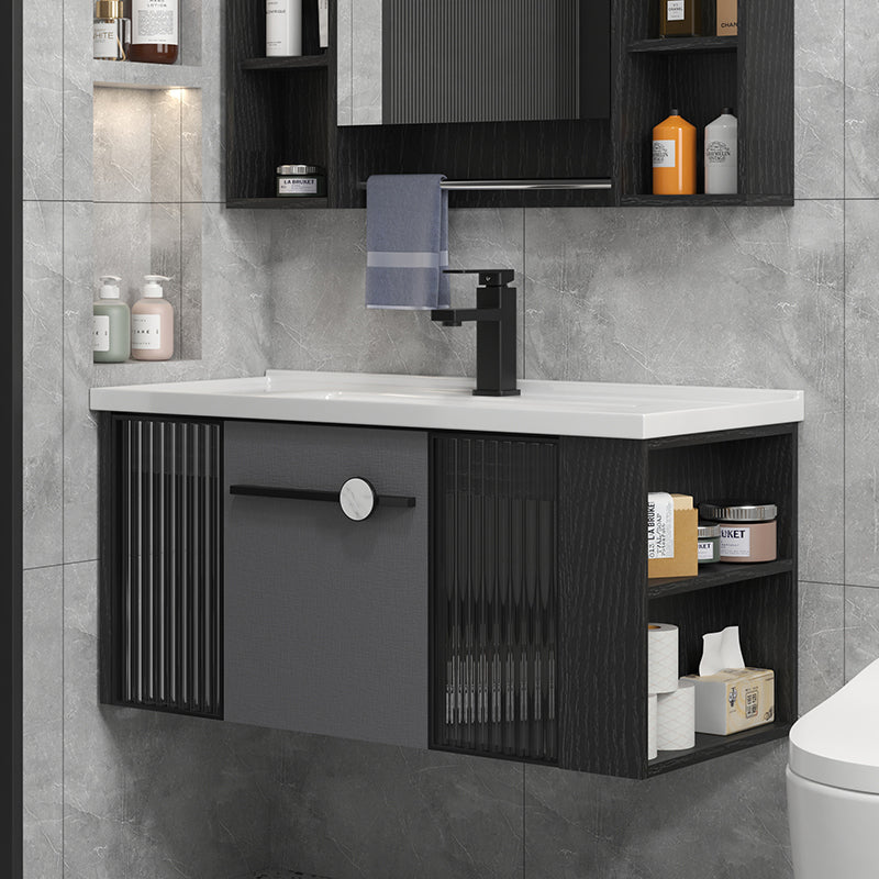 Modern Wall Mount Bathroom Vanity Black Glass Single-Sink Rectangular Vanity Sink Clearhalo 'Bathroom Remodel & Bathroom Fixtures' 'Bathroom Vanities' 'bathroom_vanities' 'Home Improvement' 'home_improvement' 'home_improvement_bathroom_vanities' 7224930