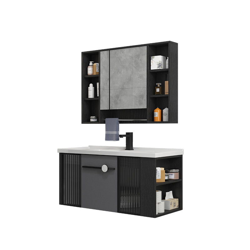 Modern Wall Mount Bathroom Vanity Black Glass Single-Sink Rectangular Vanity Sink Vanity & Faucet & Mirror Cabinet 40"L x 16"W x 18"H Clearhalo 'Bathroom Remodel & Bathroom Fixtures' 'Bathroom Vanities' 'bathroom_vanities' 'Home Improvement' 'home_improvement' 'home_improvement_bathroom_vanities' 7224939