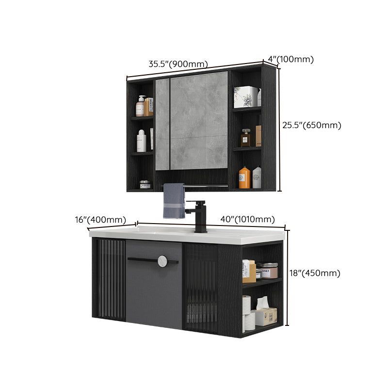 Modern Wall Mount Bathroom Vanity Black Glass Single-Sink Rectangular Vanity Sink Clearhalo 'Bathroom Remodel & Bathroom Fixtures' 'Bathroom Vanities' 'bathroom_vanities' 'Home Improvement' 'home_improvement' 'home_improvement_bathroom_vanities' 7224950