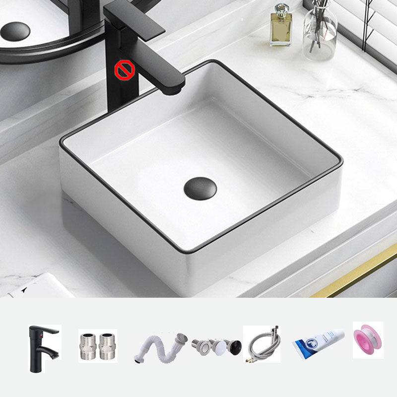 Bathroom Ceramic Sink Rectangular Rod Single Handle Faucet Sink 15"L x 15"W x 6"H Sink & Drain Assembly & Faucet Clearhalo 'Bathroom Remodel & Bathroom Fixtures' 'Bathroom Sinks & Faucet Components' 'Bathroom Sinks' 'bathroom_sink' 'Home Improvement' 'home_improvement' 'home_improvement_bathroom_sink' 7227330