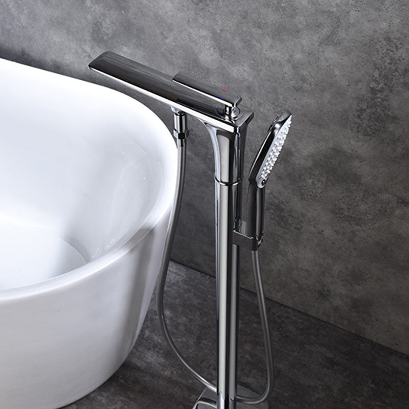 Modern Freestanding Tub Filler with Hand Shower Floor Mounted Bathroom Faucet Clearhalo 'Bathroom Remodel & Bathroom Fixtures' 'Bathtub Faucets' 'bathtub_faucets' 'Home Improvement' 'home_improvement' 'home_improvement_bathtub_faucets' 7227604