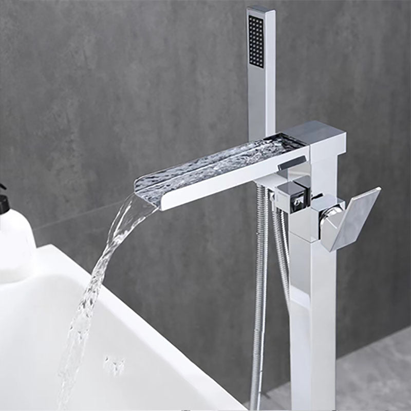 Modern Freestanding Tub Filler with Hand Shower Floor Mounted Bathroom Faucet Chrome Lever Handles Waterfall Faucet Included Clearhalo 'Bathroom Remodel & Bathroom Fixtures' 'Bathtub Faucets' 'bathtub_faucets' 'Home Improvement' 'home_improvement' 'home_improvement_bathtub_faucets' 7227605