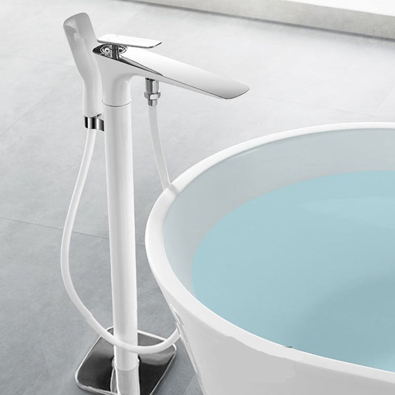 Modern Freestanding Tub Filler with Hand Shower Floor Mounted Bathroom Faucet Silver Lever Handles Waterfall Faucet Not Included Clearhalo 'Bathroom Remodel & Bathroom Fixtures' 'Bathtub Faucets' 'bathtub_faucets' 'Home Improvement' 'home_improvement' 'home_improvement_bathtub_faucets' 7227607