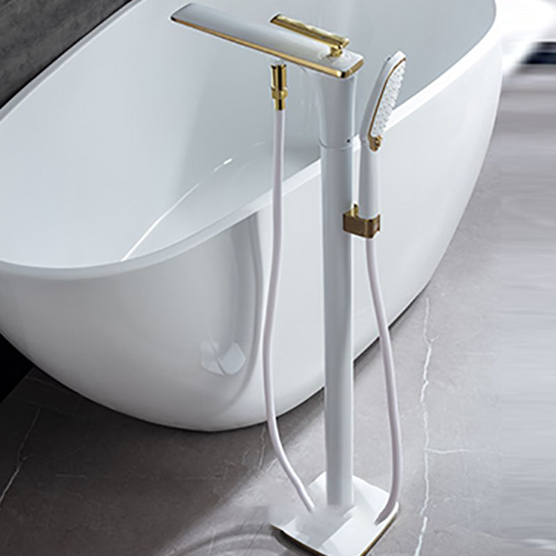 Modern Freestanding Tub Filler with Hand Shower Floor Mounted Bathroom Faucet Gold Lever Handles Waterfall Faucet Not Included Clearhalo 'Bathroom Remodel & Bathroom Fixtures' 'Bathtub Faucets' 'bathtub_faucets' 'Home Improvement' 'home_improvement' 'home_improvement_bathtub_faucets' 7227608