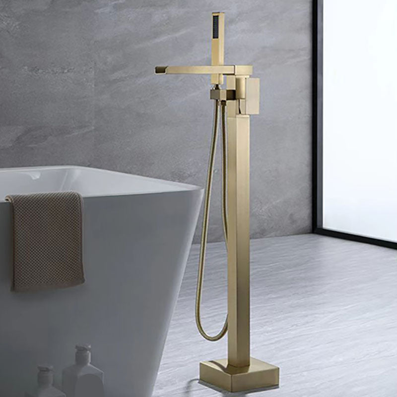 Modern Freestanding Tub Filler with Hand Shower Floor Mounted Bathroom Faucet Golden Lever Handles Waterfall Faucet Included Clearhalo 'Bathroom Remodel & Bathroom Fixtures' 'Bathtub Faucets' 'bathtub_faucets' 'Home Improvement' 'home_improvement' 'home_improvement_bathtub_faucets' 7227612