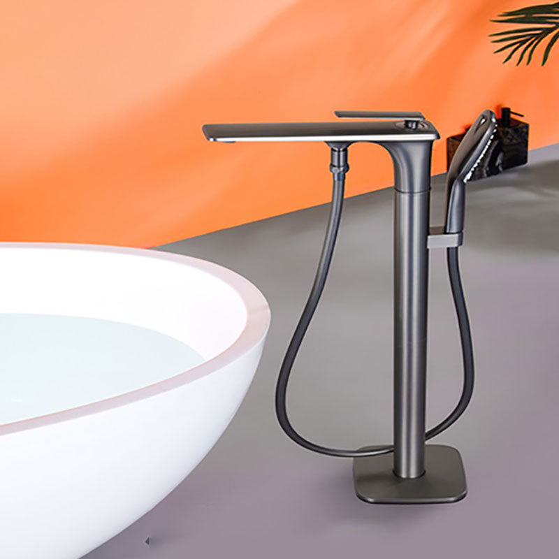 Modern Freestanding Tub Filler with Hand Shower Floor Mounted Bathroom Faucet Gun Grey Lever Handles Waterfall Faucet Not Included Clearhalo 'Bathroom Remodel & Bathroom Fixtures' 'Bathtub Faucets' 'bathtub_faucets' 'Home Improvement' 'home_improvement' 'home_improvement_bathtub_faucets' 7227618