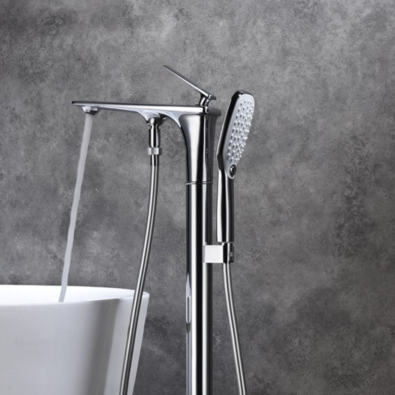 Modern Freestanding Tub Filler with Hand Shower Floor Mounted Bathroom Faucet Clearhalo 'Bathroom Remodel & Bathroom Fixtures' 'Bathtub Faucets' 'bathtub_faucets' 'Home Improvement' 'home_improvement' 'home_improvement_bathtub_faucets' 7227619