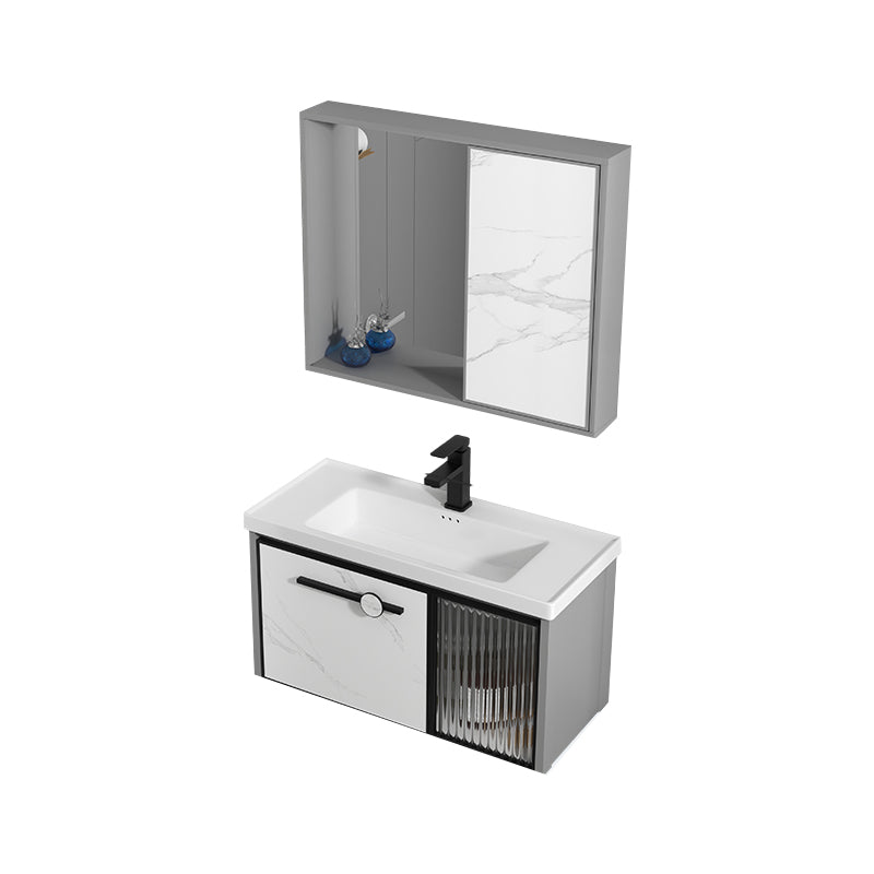 Single Sink Ceramic Bathroom Vanity Modern Gray Rectangular Sink Vanity Vanity & Faucet & Mirror Cabinet 31.5"L x 18.5"W x 17.7"H Clearhalo 'Bathroom Remodel & Bathroom Fixtures' 'Bathroom Vanities' 'bathroom_vanities' 'Home Improvement' 'home_improvement' 'home_improvement_bathroom_vanities' 7230502